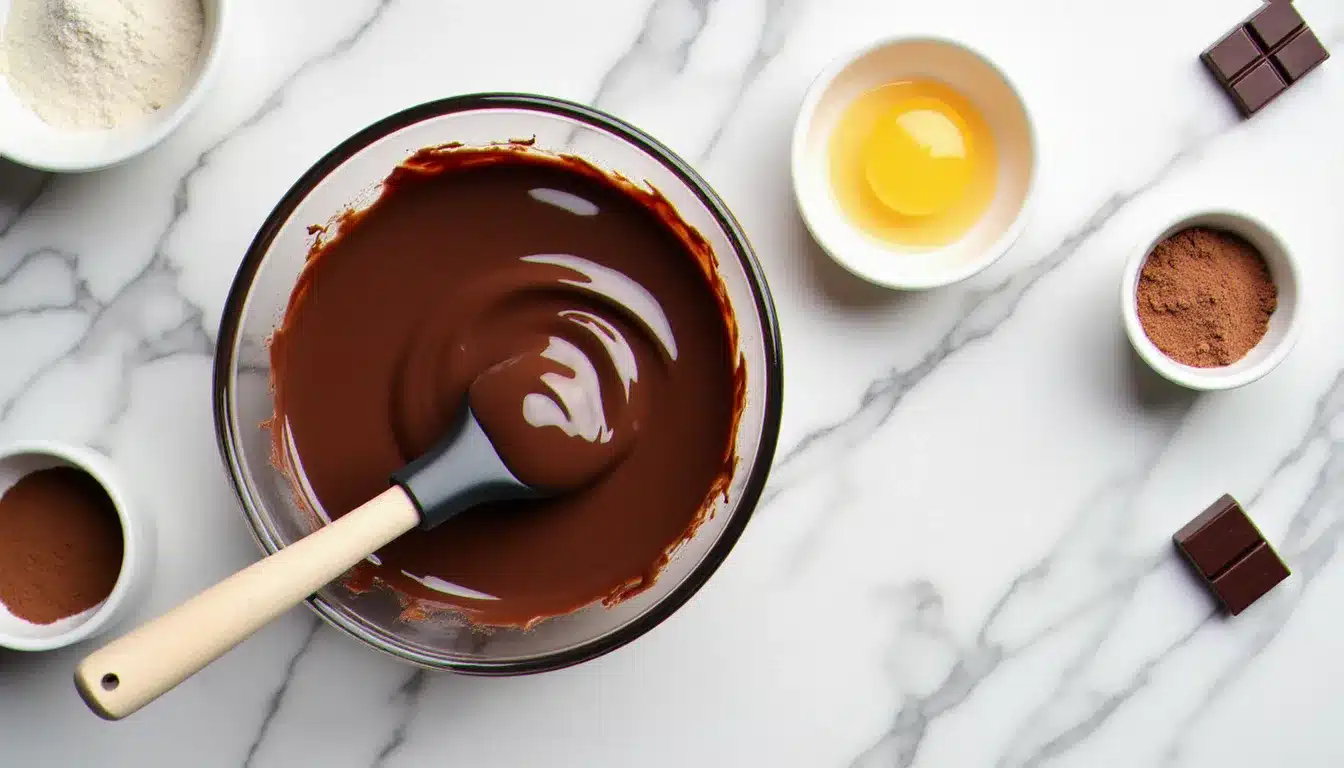 Vue de dessus de la préparation d'un brownie chocolat avec bol en verre contenant du chocolat fondu, œufs battus et sucre, ingrédients disposés sur un plan de travail en marbre blanc