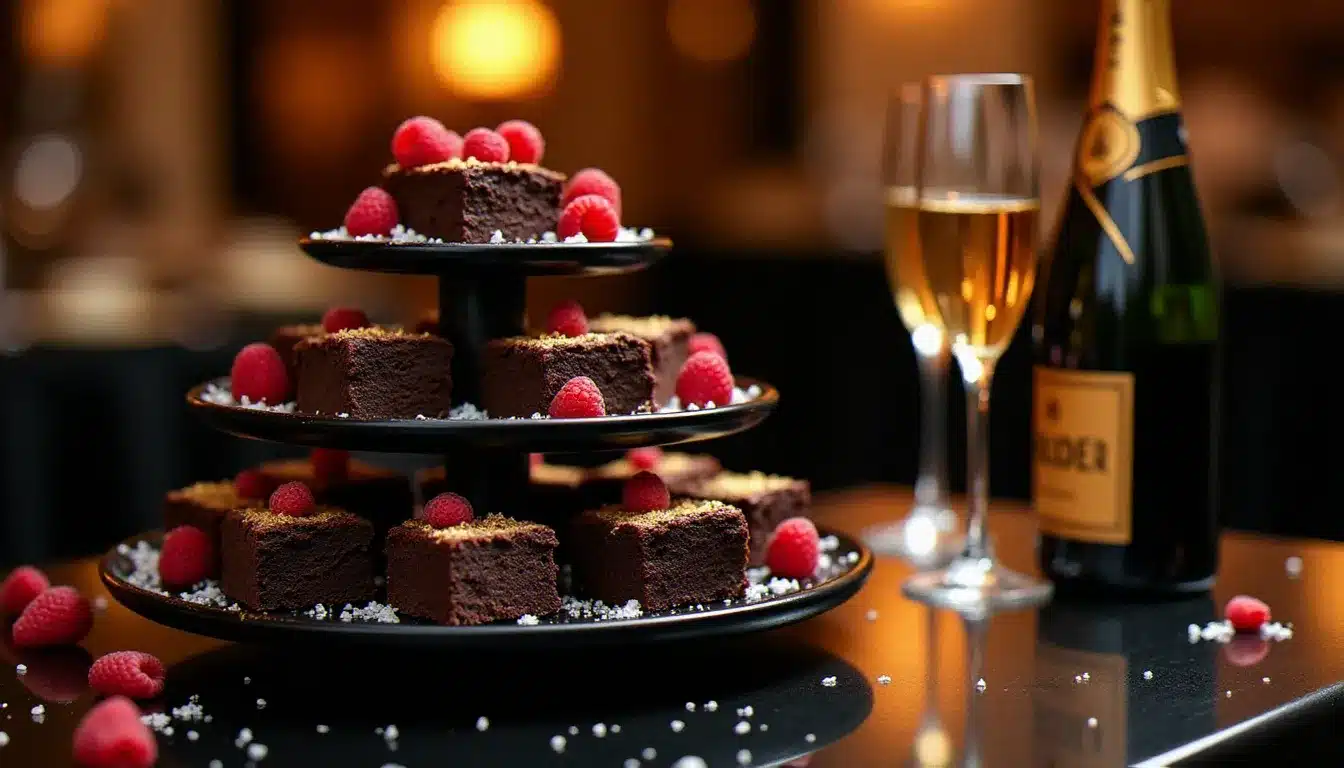 Buffet événementiel élégant avec des brownies chocolat présentés sur un présentoir à trois niveaux laqué noir, décorés de feuilles d'or et de framboises fraîches, dans l'ambiance lumineuse d'un salon gastronomique parisien
