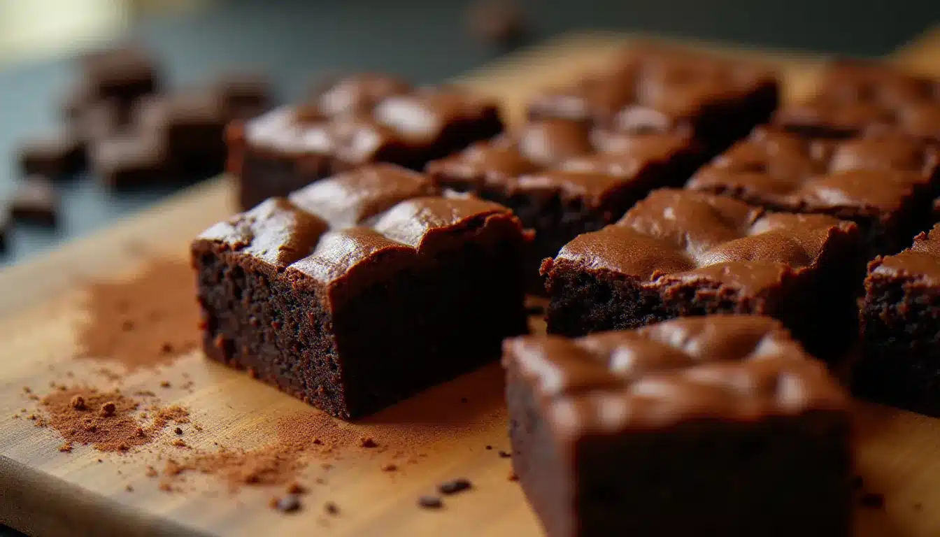Carrés de brownie chocolat fondants avec leur surface brillante et craquelée caractéristique, posés sur une planche en bois rustique, l'un d'eux incliné pour révéler un intérieur dense et moelleux