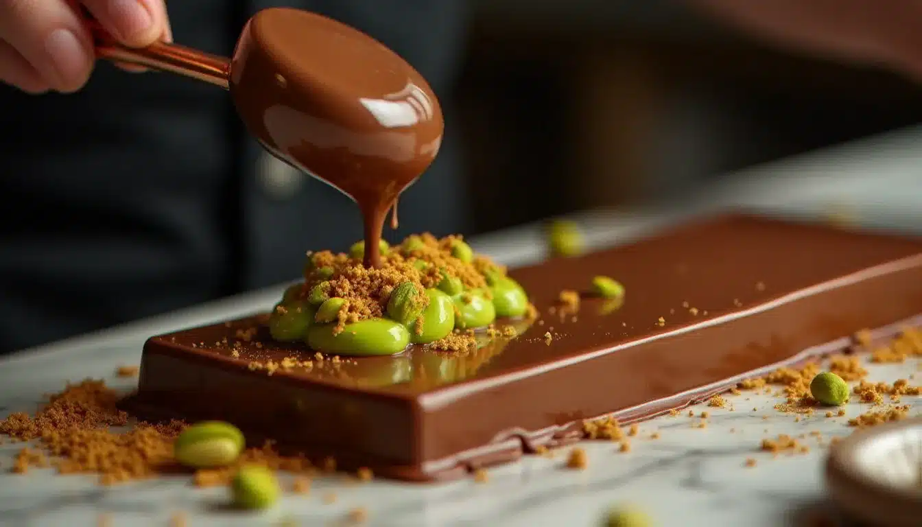 Chocolatier artisan parisien coulant du chocolat tempéré sur un moule garni de crème pistache et de kadaïf doré dans son atelier