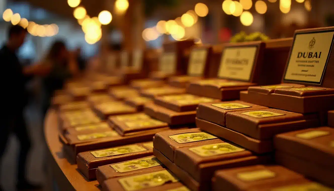 Stand festif de festival chocolatier présentant des barres de chocolat Dubaï avec coupes révélant le cœur pistache, visiteurs en arrière-plan sous un éclairage doré