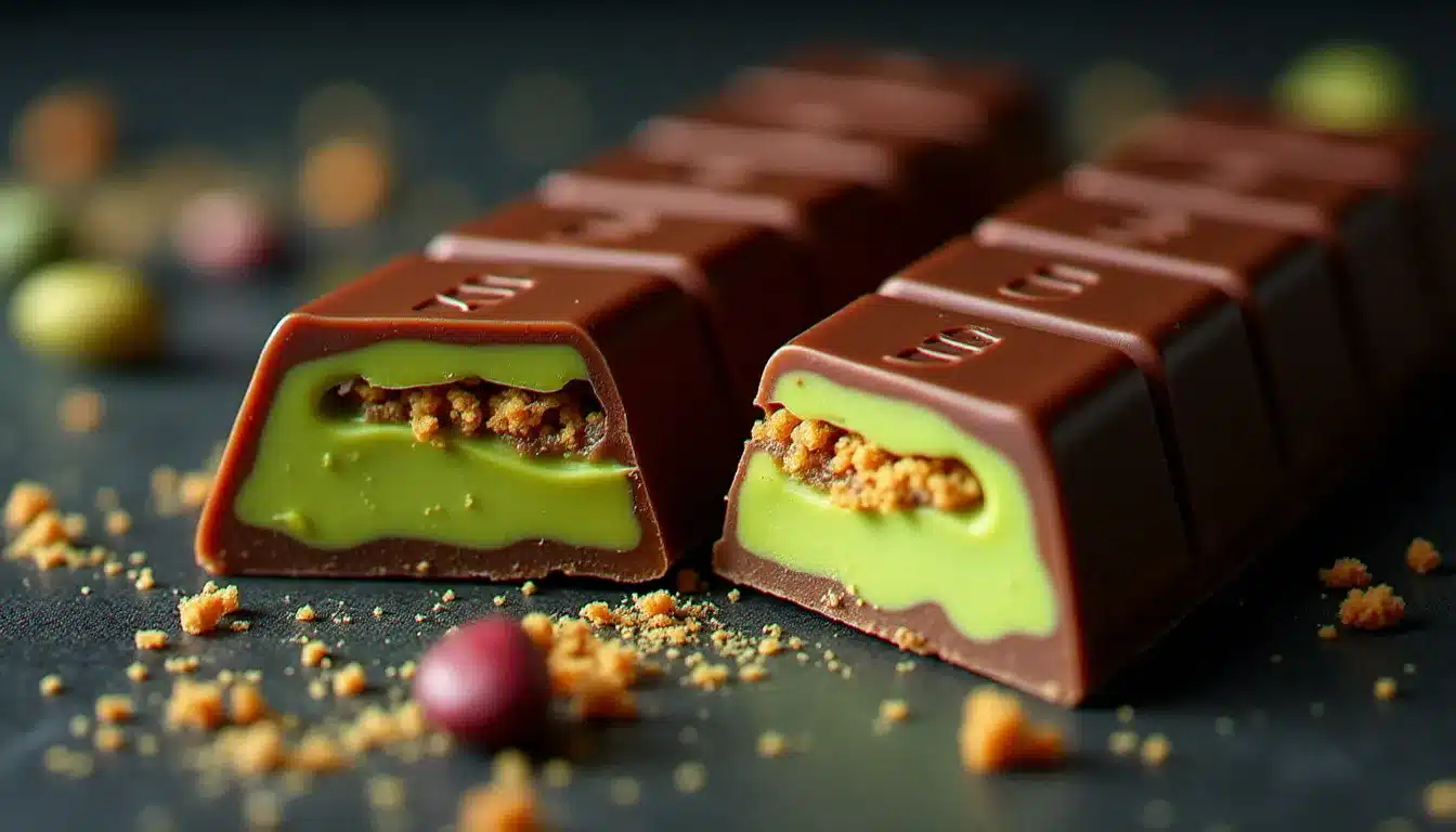 Barre de chocolat Dubaï brisée en deux révélant son cœur vert pistache et kadaïf doré croustillant sur une ardoise sombre