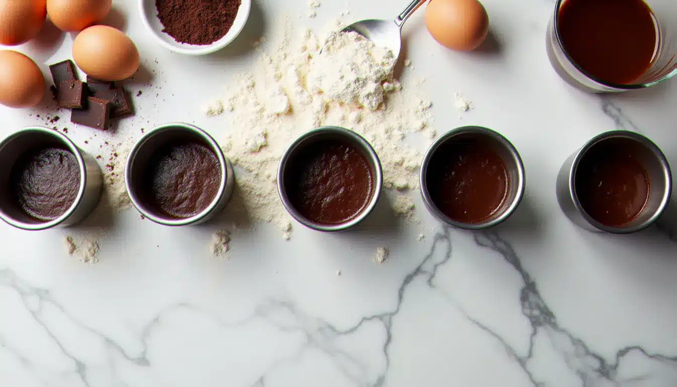 Vue de dessus des ingrédients pour préparer des coulants au chocolat : ramequins métalliques, chocolat noir, œufs frais et bol de chocolat fondu sur un plan de travail en marbre