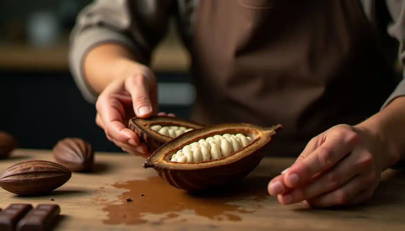 Chocolatier artisan examinant une cabosse de cacao fraîchement coupée révélant ses fèves blanches, avec plusieurs tablettes de chocolat d'origines différentes posées sur une table en bois