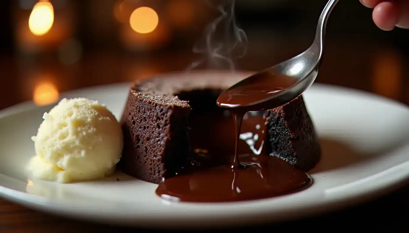 Coulant au chocolat noir dont le cœur liquide s'écoule sur une assiette blanche, accompagné d'une boule de glace vanille, photographié en lumière tamisée