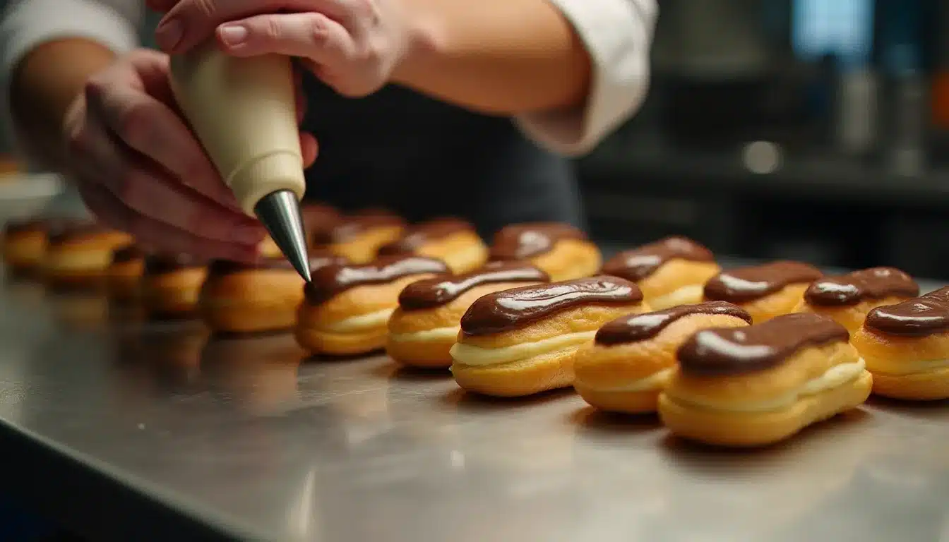 Mains d'un pâtissier garnissant des coques d'éclairs au chocolat dorées à la poche à douille dans une cuisine professionnelle