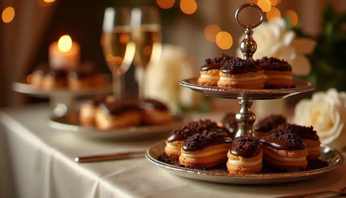 Présentation festive d'éclairs au chocolat décorés de feuille d'or sur un présentoir argenté à étages lors d'une réception élégante à Paris