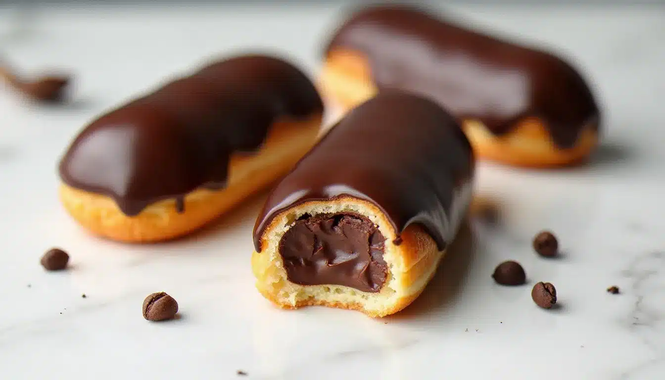 Trois éclairs au chocolat au glaçage fondant brillant disposés sur un marbre blanc, l'un ouvert révélant la crème pâtissière au chocolat