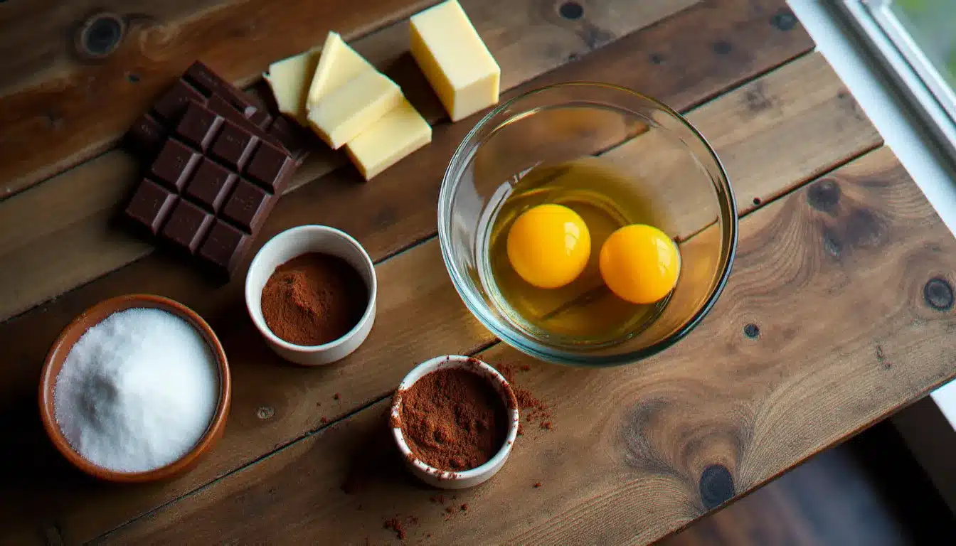Ingrédients pour préparer un fondant au chocolat disposés sur une table en bois avec des œufs, beurre, sucre et chocolat noir