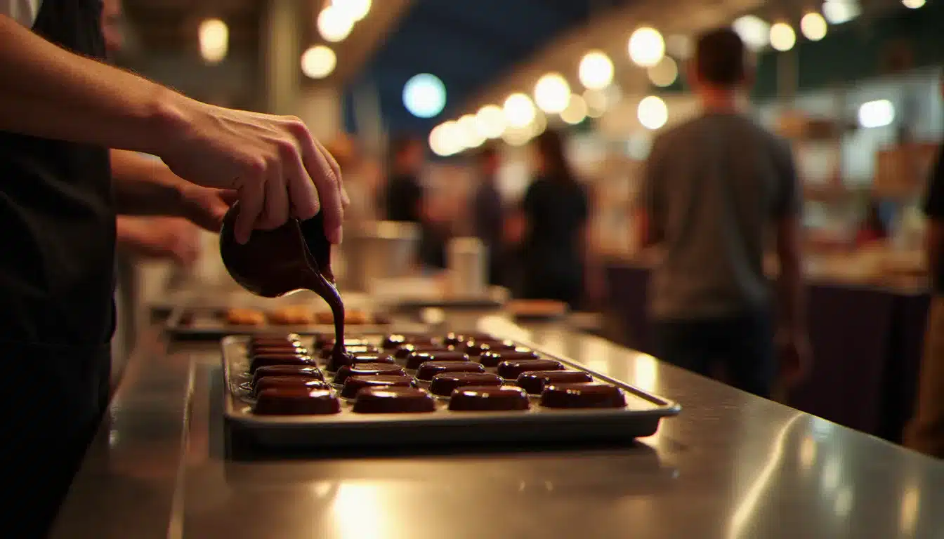 Artisan chocolatier versant une ganache fondante dans des moules individuels lors d'un salon gourmand dédié au chocolat