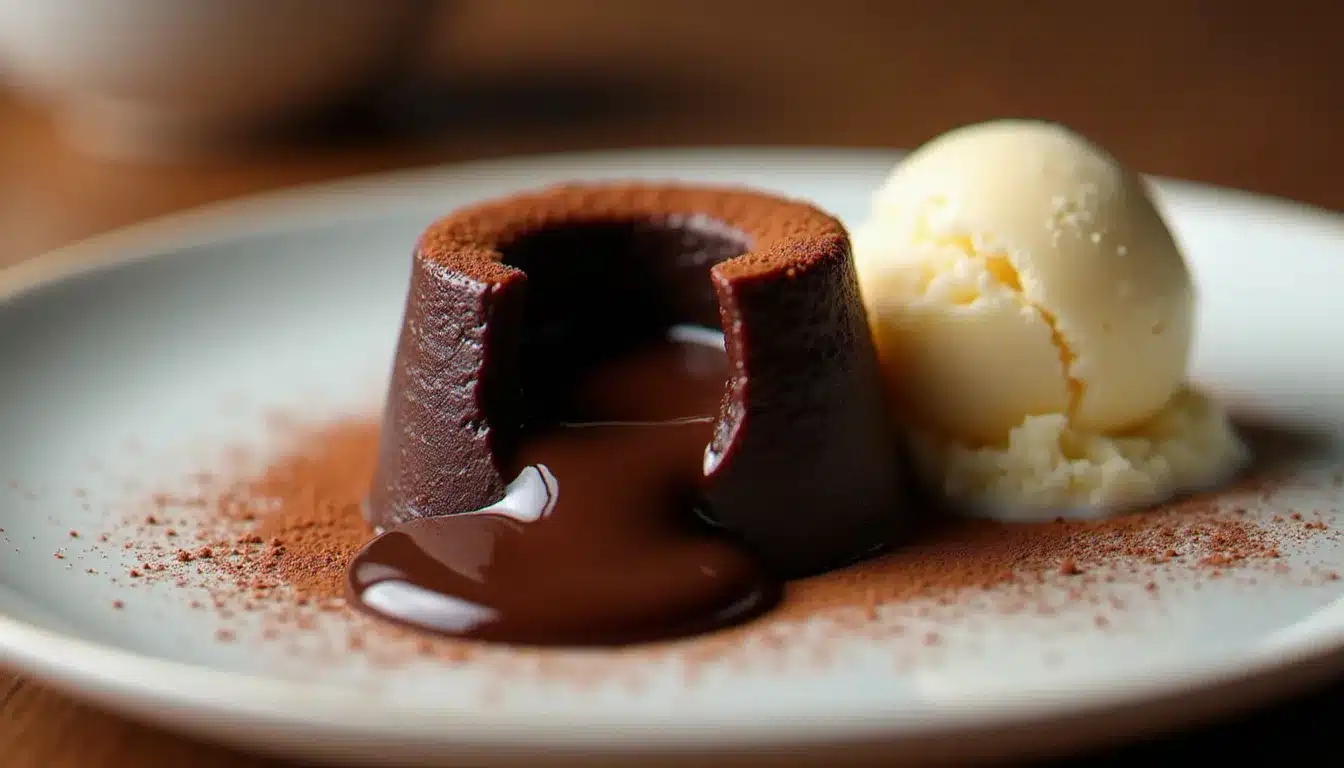 Fondant au chocolat démoulé sur assiette blanche avec cœur coulant visible et boule de glace vanille