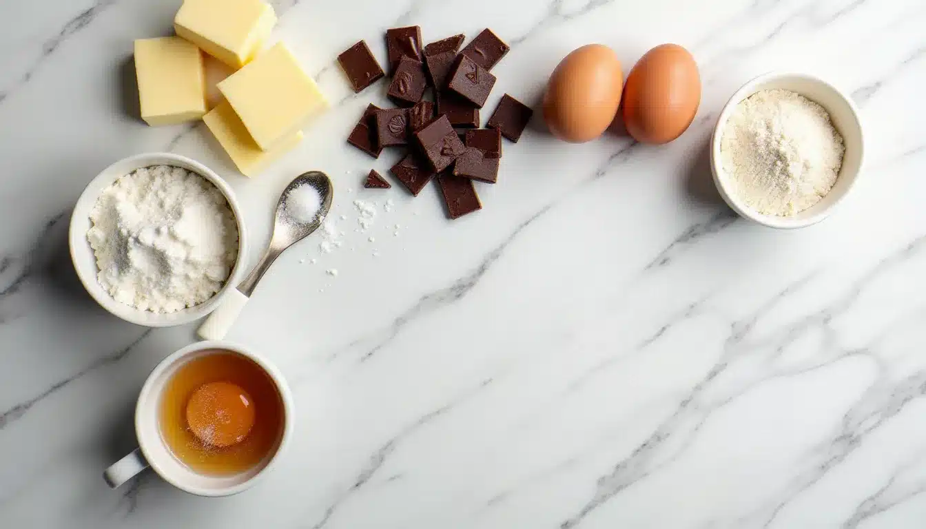 Ingrédients pour réaliser un fondant chocolat disposés en flat lay sur marbre blanc : chocolat noir cassé, œufs, beurre, sucre roux, farine et fleur de sel