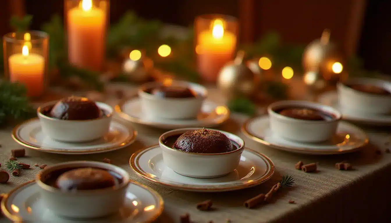 Table de fête élégante avec six fondants au chocolat en ramequins blancs, bougies allumées, décorations dorées de Noël et branches de sapin