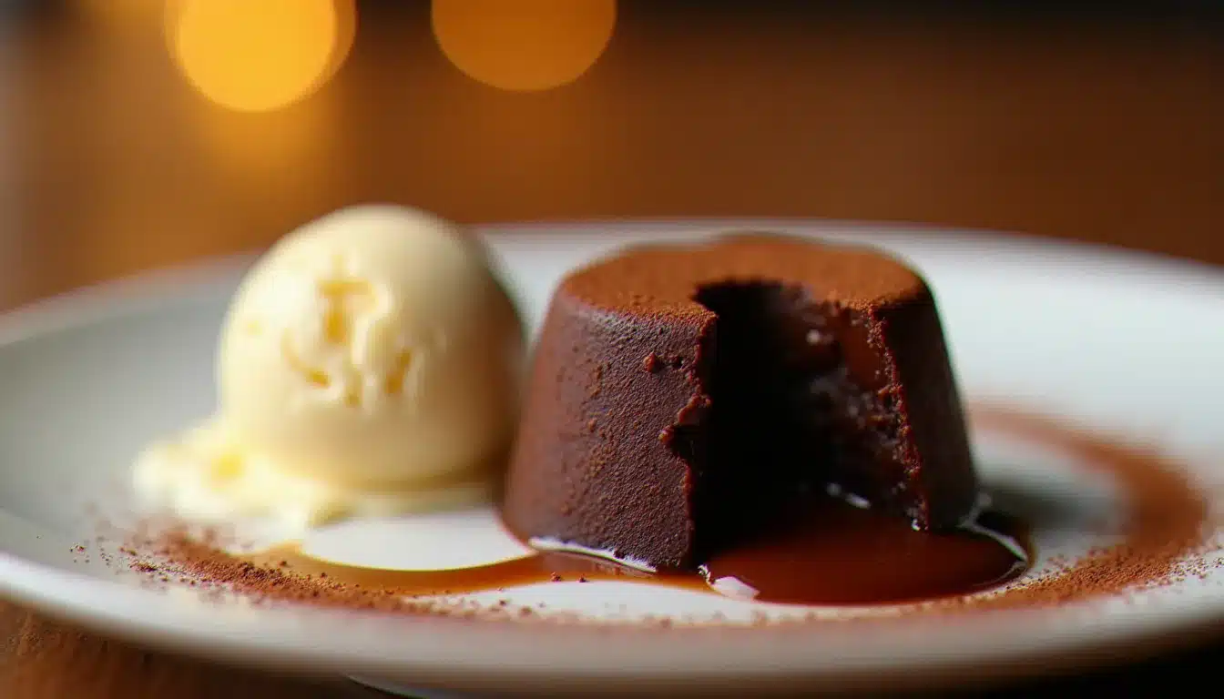 Fondant chocolat démoulé sur assiette blanche avec cœur coulant de chocolat noir et boule de glace vanille, saupoudré de cacao