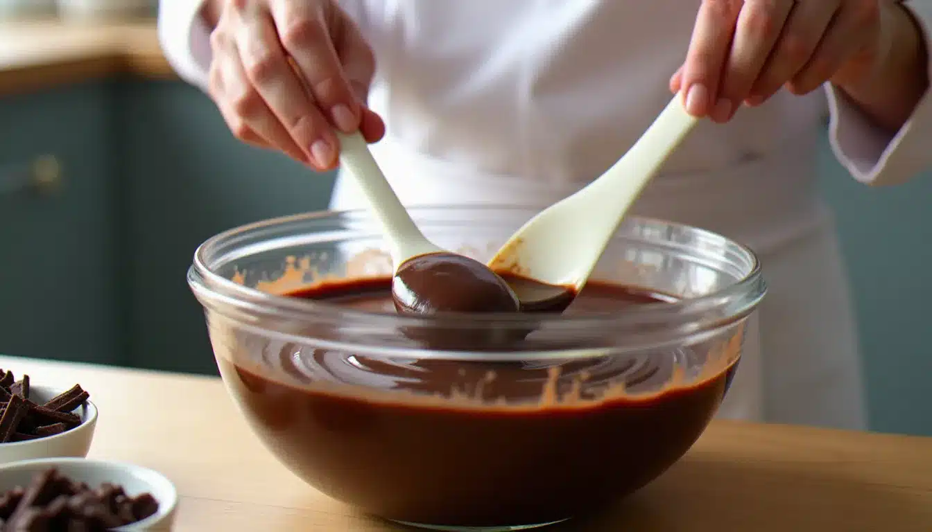 Mains de pâtissier en tablier blanc mélangeant une ganache chocolat noir dans un bol en verre, légère vapeur s'échappant de la préparation brillante