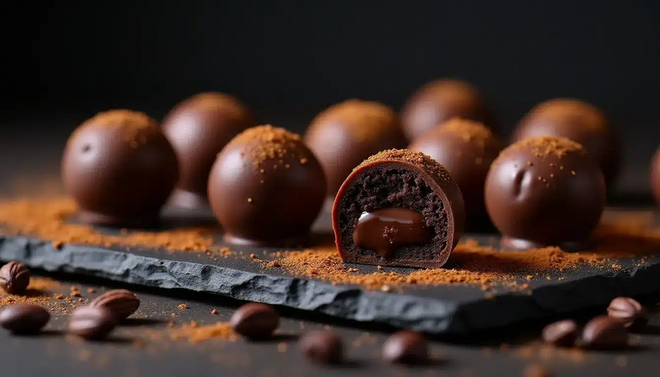 Assortiment de truffes et bonbons artisanaux fourrés à la ganache chocolat présentés sur une ardoise noire avec de la poudre de cacao et des feuilles d'or, une truffe coupée révélant le cœur de ganache