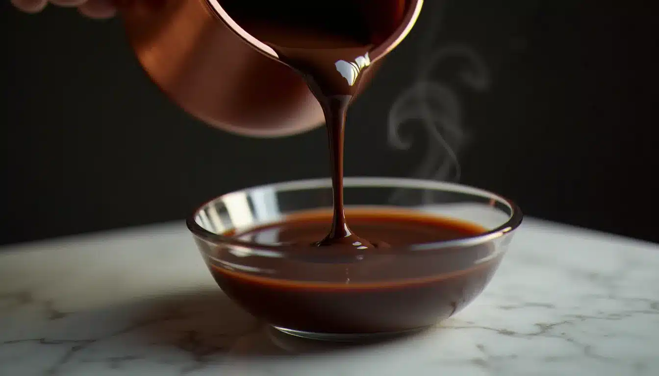 Ganache chocolat brillante et lisse versée dans un bol en verre sur un plan de travail en marbre blanc, reflets de lumière dorée sur la surface soyeuse