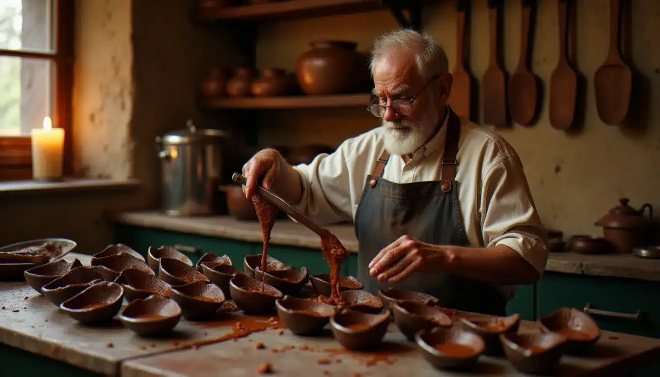 Atelier de confiserie turinois au XIXe siècle avec un artisan chocolatier versant du gianduja liquide dans des moules en forme de barque sur un plan de travail en marbre