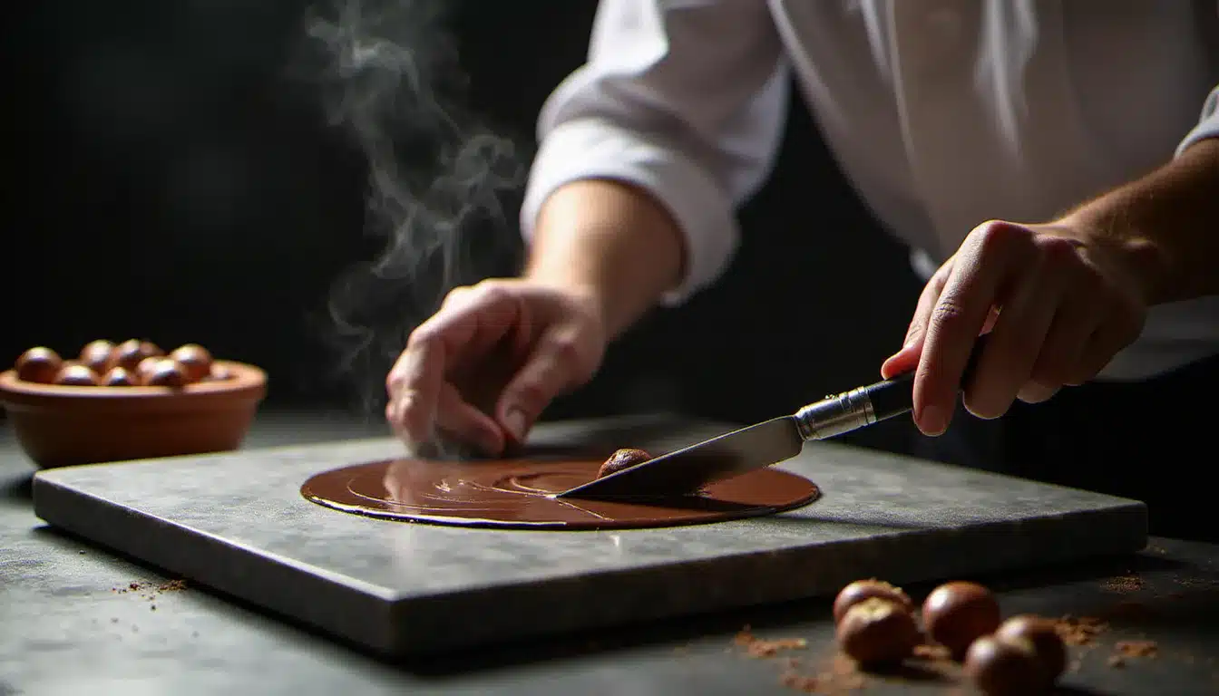 Chocolatier professionnel tempérant un gianduja noir sur marbre gris dans une cuisine de pâtisserie moderne, avec des noisettes du Piémont dans un bol en arrière-plan