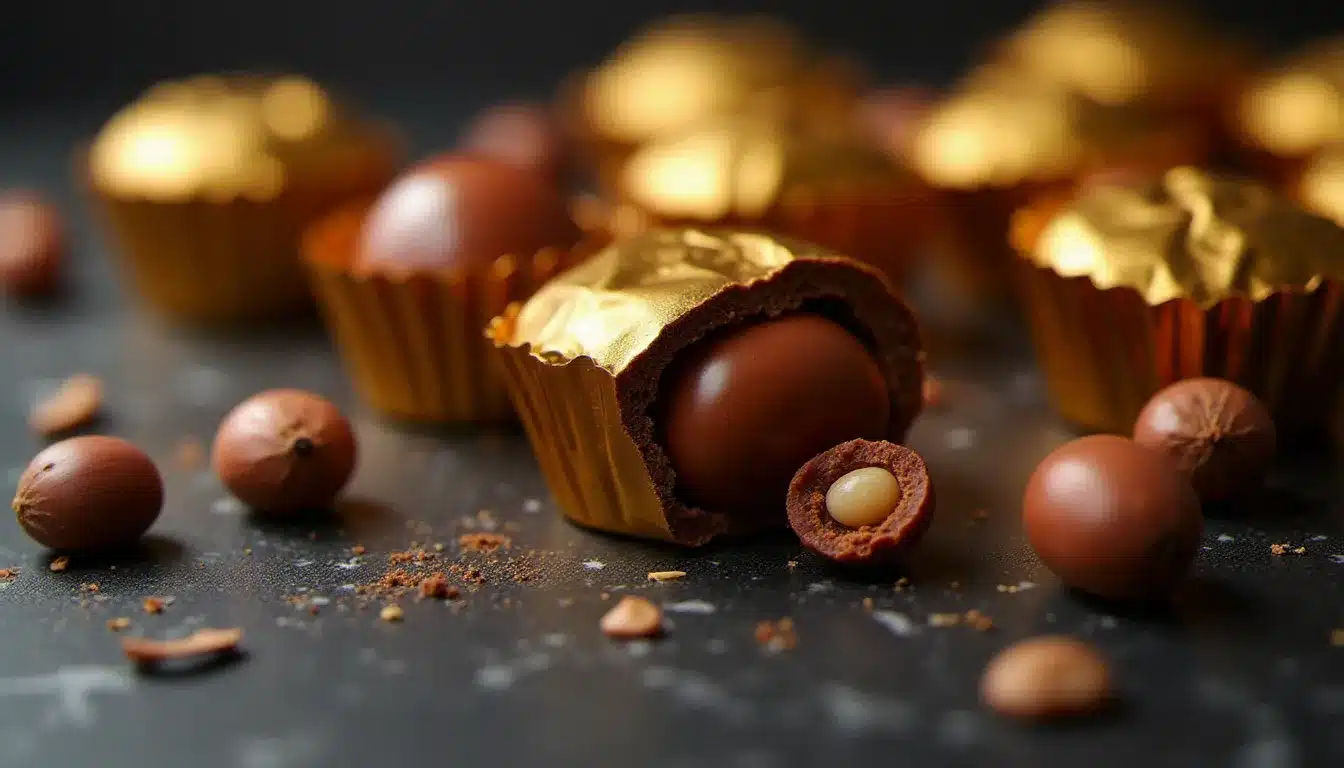 Gros plan sur des gianduiotti artisanaux en gianduja aux noisettes du Piémont, partiellement déballés sur du marbre sombre avec des noisettes entières
