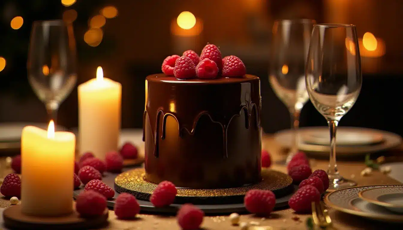Un layer cake nappé d'un glaçage chocolat brillant orné de feuilles d'or et de framboises fraîches, au centre d'une table de fête élégante avec bougies allumées et verres en cristal