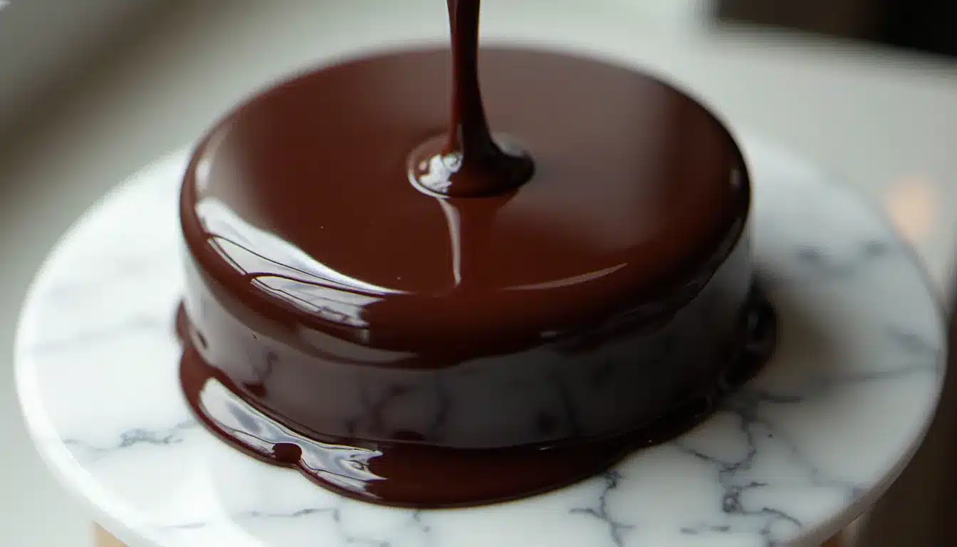 Un glaçage chocolat miroir d'un noir brillant versé délicatement sur un entremets rond posé sur marbre blanc, révélant une surface parfaitement lisse et réfléchissante