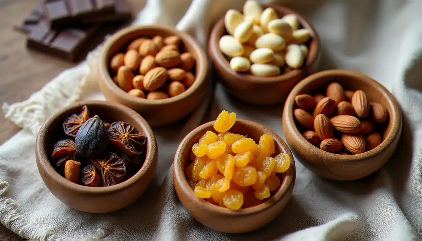 Les quatre garnitures traditionnelles du mendiant disposées dans des coupelles en bois : figue sèche, raisin, amande et noisette