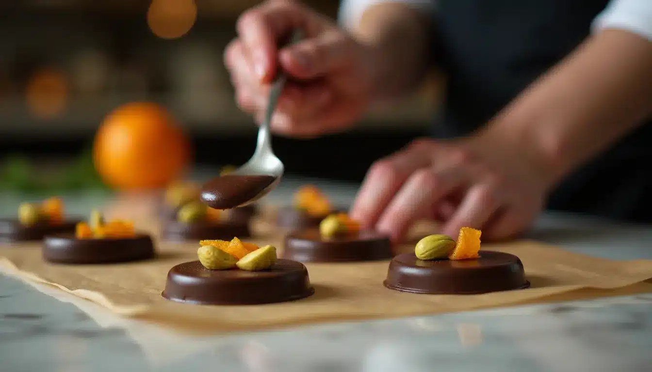 Mains d'un chocolatier artisan déposant des garnitures sur des mendiants en cours de confection sur marbre, ambiance atelier festive
