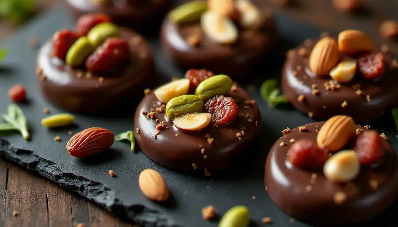 Assortiment de mendiants au chocolat noir artisanaux garnis de pistaches, figues séchées, amandes et raisins, disposés sur une ardoise sombre