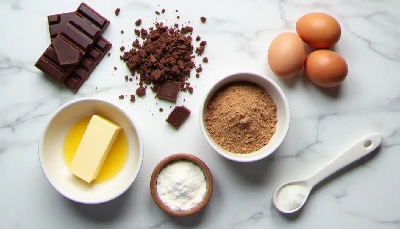Ingrédients pour moelleux et au chocolat disposés en flat lay sur marbre blanc : chocolat noir cassé en morceaux, beurre, œufs, sucre cassonade et fleur de sel