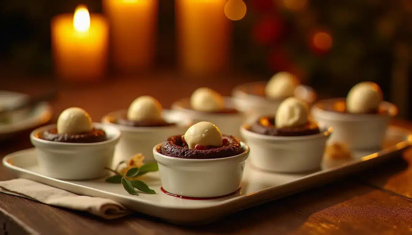 Table de fête élégante avec moelleux et au chocolat en ramequins de porcelaine blanche, glace vanille et bougies dorées pour un dîner festif