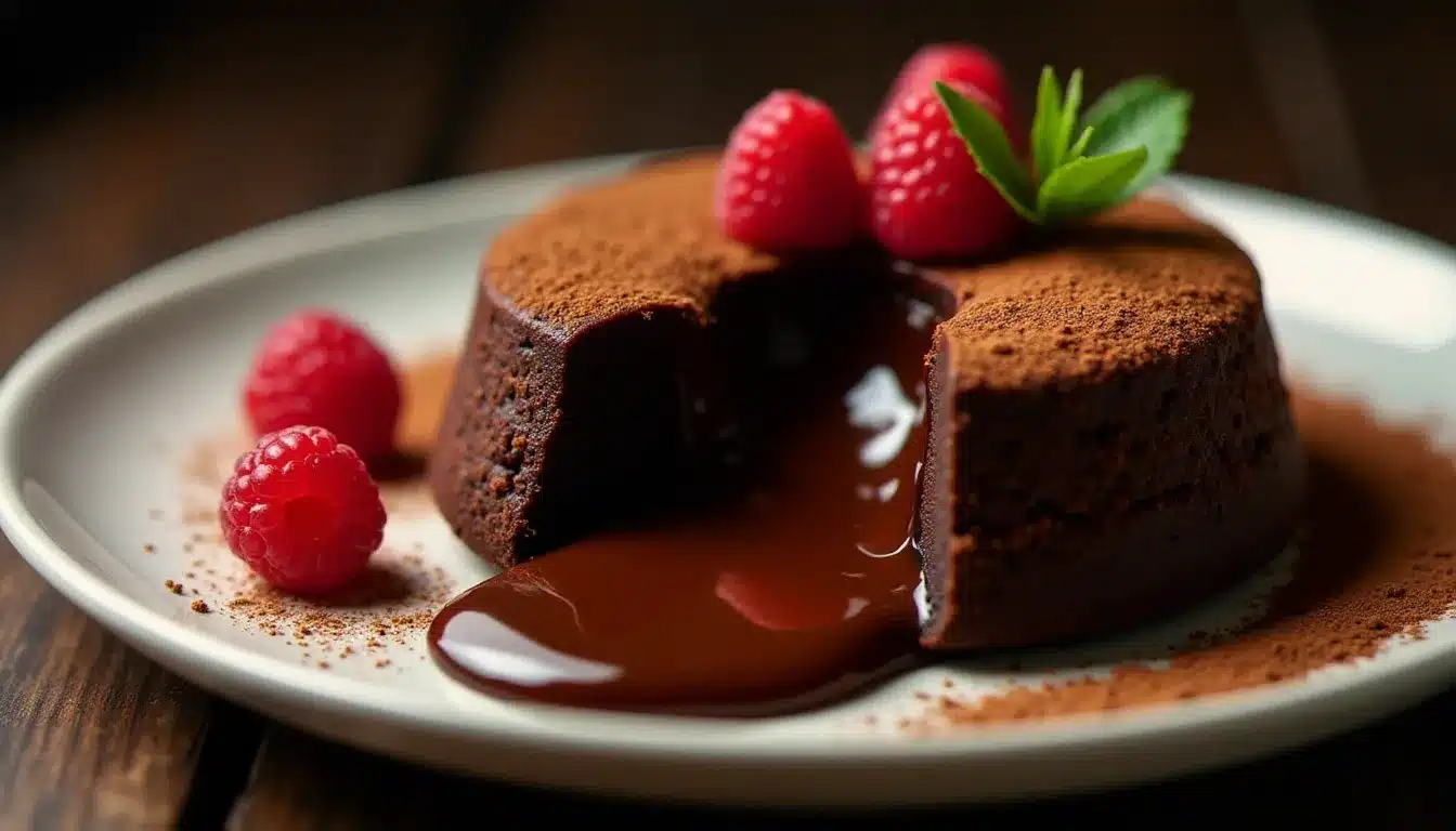 Moelleux et au chocolat fraîchement démoulé sur assiette blanche avec cœur coulant en chocolat noir, garni d'une framboise et d'une feuille de menthe