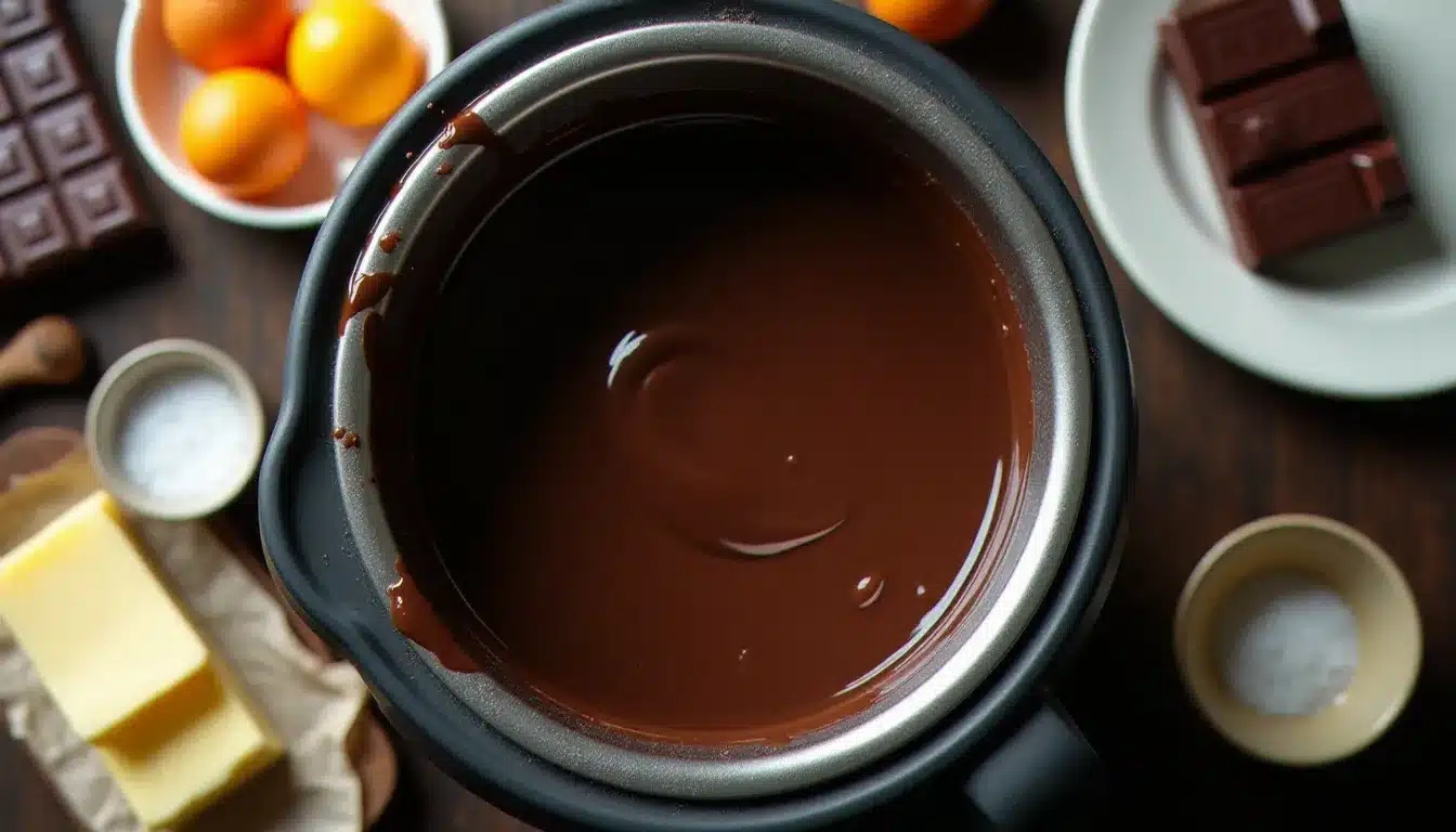 Vue de dessus du bol Thermomix avec du chocolat fondu brillant entouré des ingrédients de la mousse au chocolat disposés sur un plan de travail en bois sombre