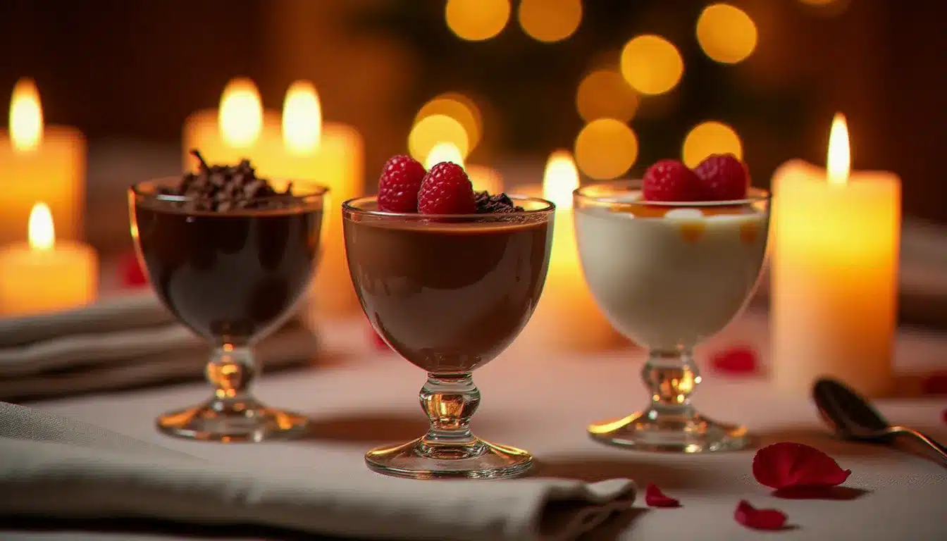 Trois variantes de mousse au chocolat Thermomix — chocolat noir intense, chocolat au lait caramel et chocolat blanc framboise — servies en verrines sur une table de fête éclairée aux bougies