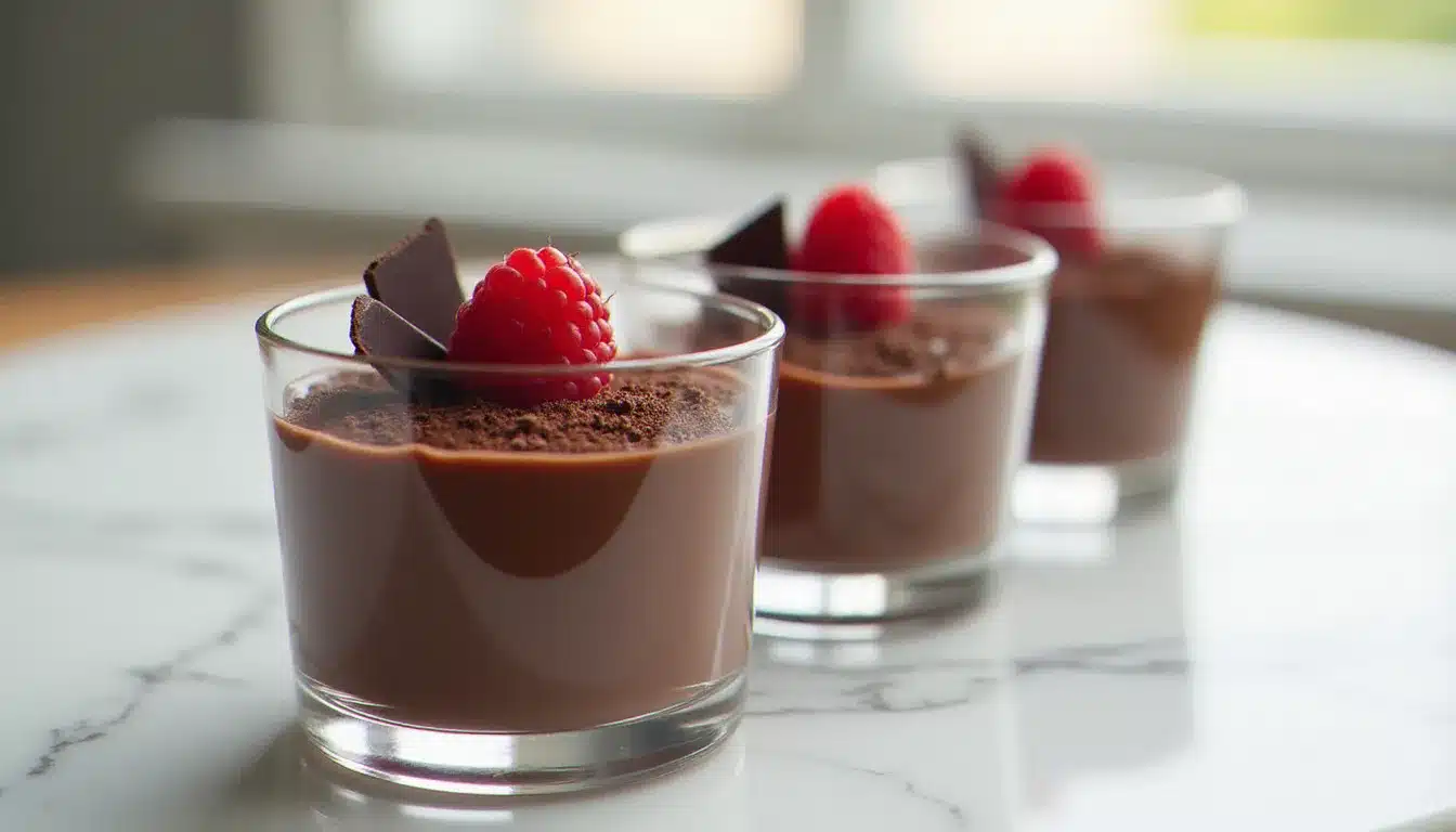Mousse au chocolat Thermomix présentée en verrines individuelles sur marbre blanc, avec des copeaux de chocolat noir et une framboise fraîche en décoration