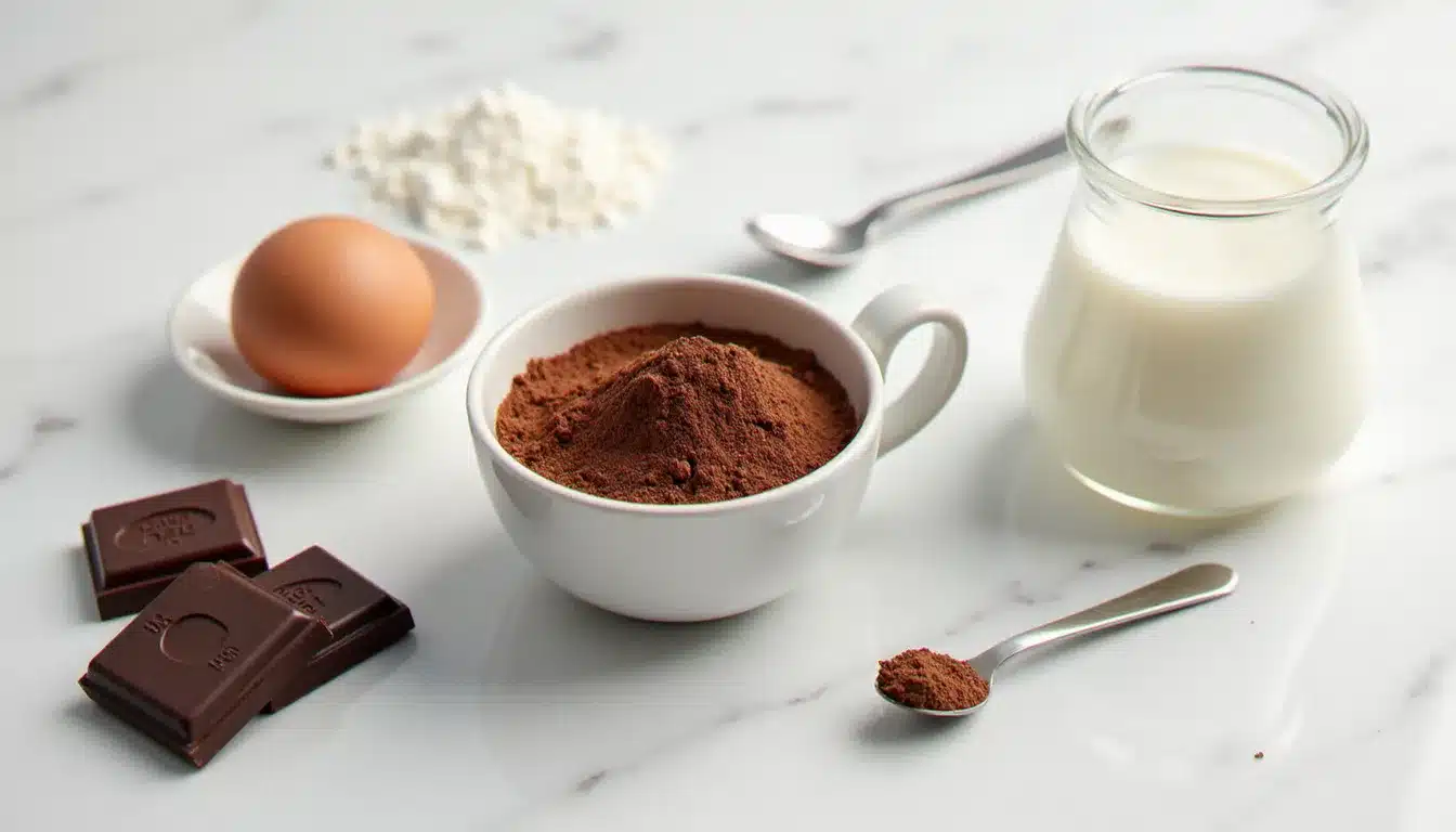 Ingrédients d'un mug cake chocolat disposés sur un plan de travail en marbre blanc : cacao non sucré, carrés de chocolat noir, œuf frais, farine et lait entier