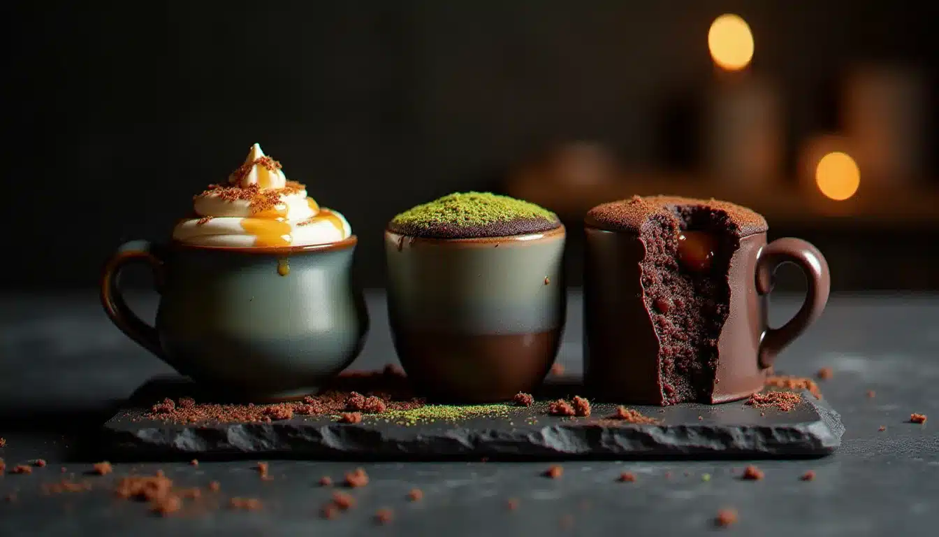 Trois variations de mug cake chocolat dans des tasses artisanales en céramique sur une ardoise : version caramel beurre salé, version matcha et version praliné noisette fondant