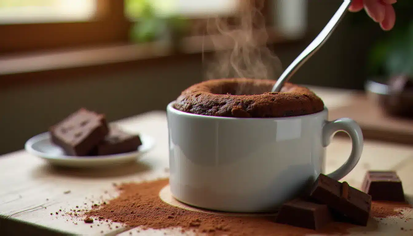 Mug cake chocolat fondant dans une tasse blanche en céramique avec un cœur coulant au chocolat noir, sur une table en bois rustique éclairée par une lumière naturelle douce