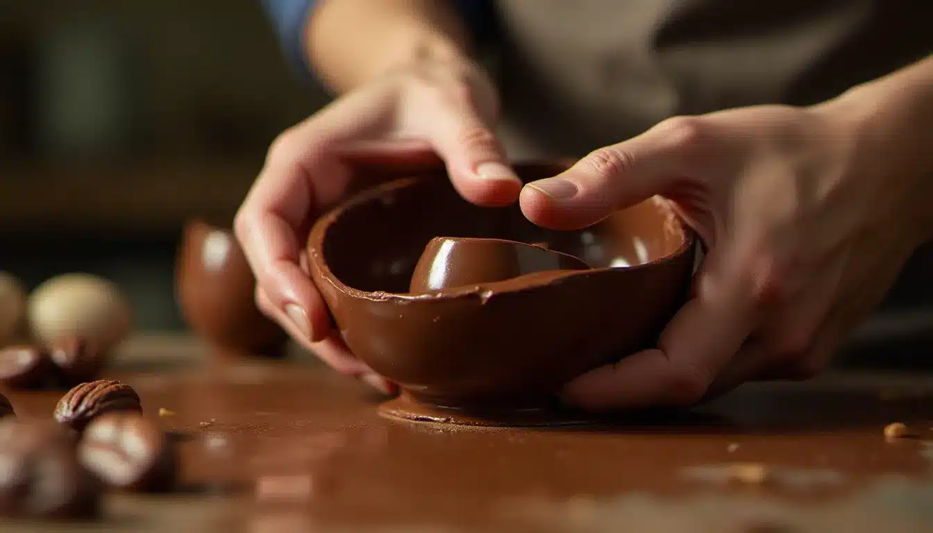 Les mains d'un chocolatier artisan démoulant un oeuf de Pâques en chocolat dans son atelier, avec des fèves de cacao en arrière-plan