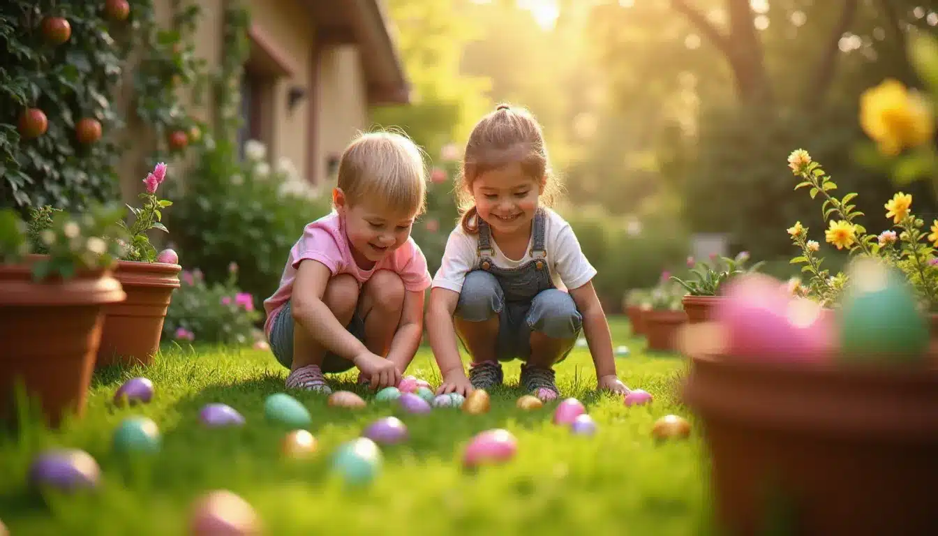 Deux enfants cherchant des oeufs de Pâques en chocolat cachés dans un jardin fleuri sous la lumière dorée du matin de Pâques