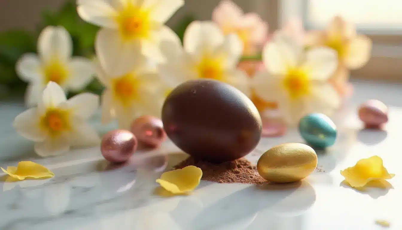 Un grand oeuf de Pâques artisanal en chocolat noir posé sur du marbre blanc, entouré de petits oeufs colorés et de fleurs de printemps