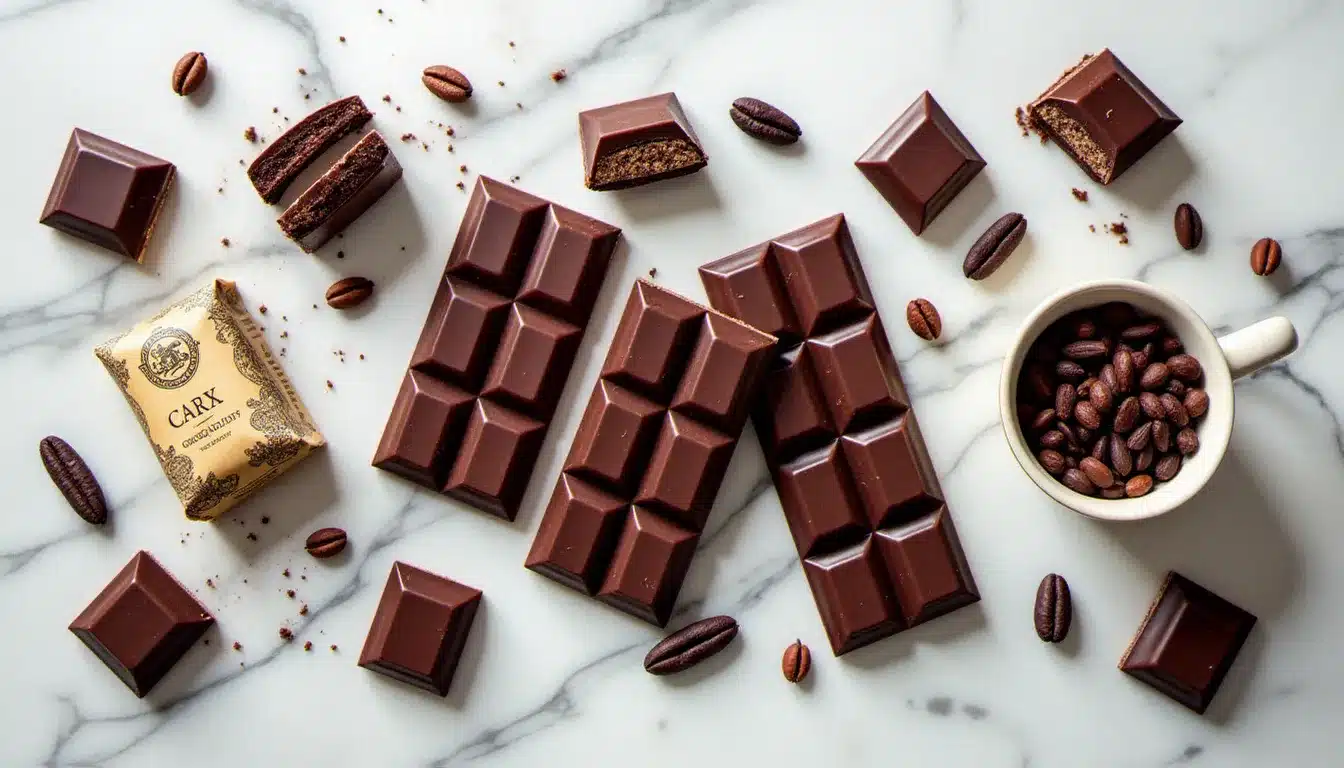 Tablettes de chocolat noir de couverture cassées en morceaux sur marbre blanc, ingrédient clé pour choisir le bon chocolat dans une recette brownie de qualité