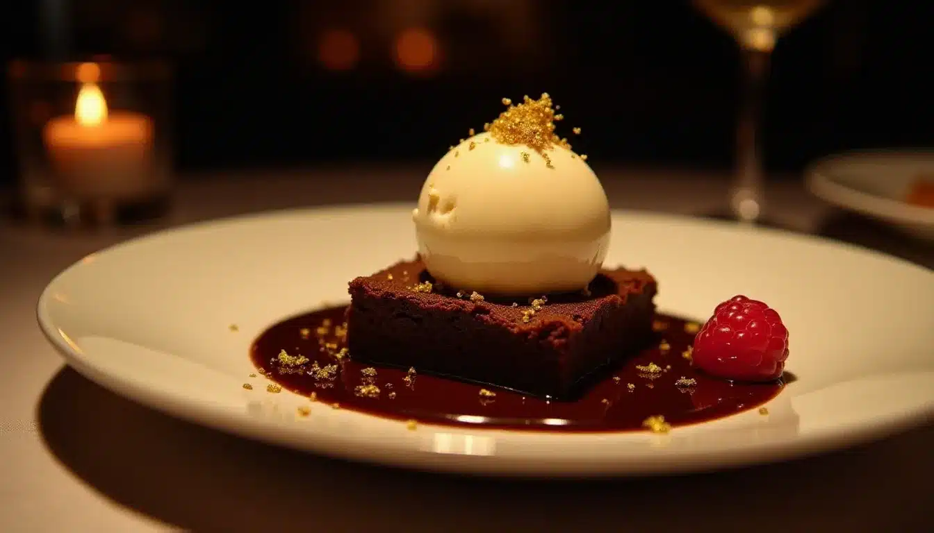 Assiette de présentation festive avec un brownie au chocolat tiède surmonté d'une quenelle de glace vanille et de feuilles d'or, recette brownie revisitée pour une occasion gastronomique