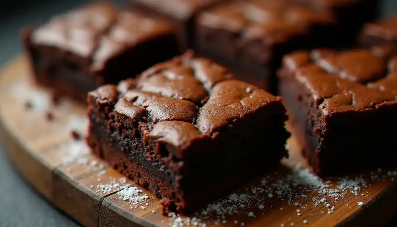 Carrés de brownies au chocolat noir fraîchement coupés sur une planche en bois, montrant leur texture fondante et leur croûte craquelée dorée, pour illustrer la recette brownie maison