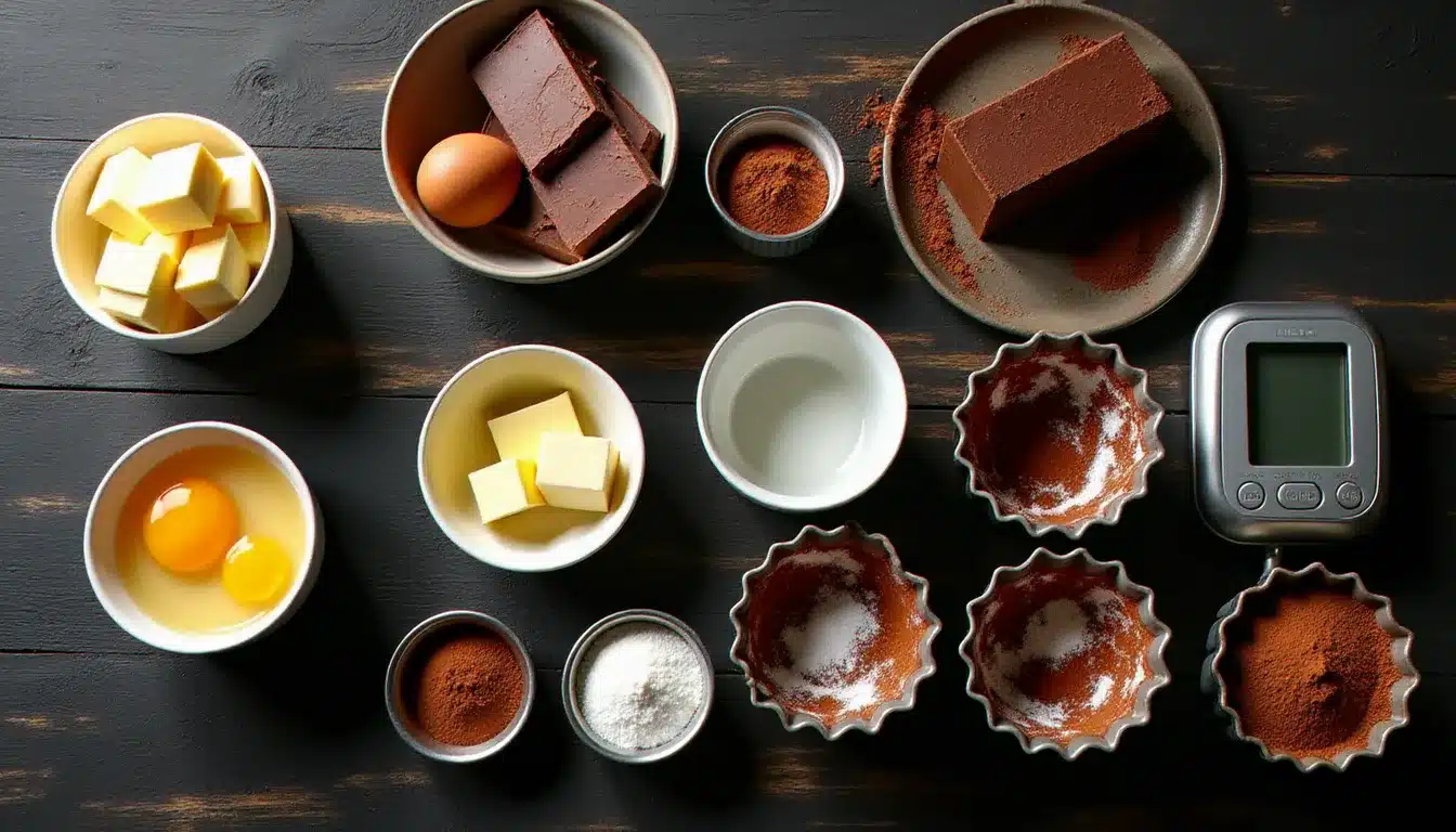 Ingrédients pesés et ustensiles disposés sur une table en bois pour la réalisation de la recette fondant au chocolat cœur coulant, incluant chocolat noir, ramequins beurrés et balance de cuisine