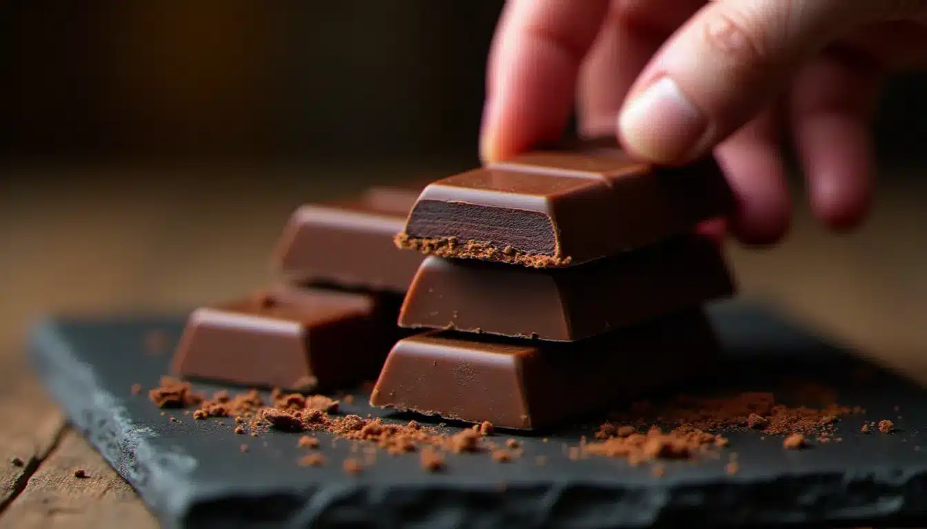 Tablettes de chocolat noir artisanal à différentes origines et teneurs en cacao brisées à la main sur ardoise, ingrédient clé de la recette fondant au chocolat cœur coulant