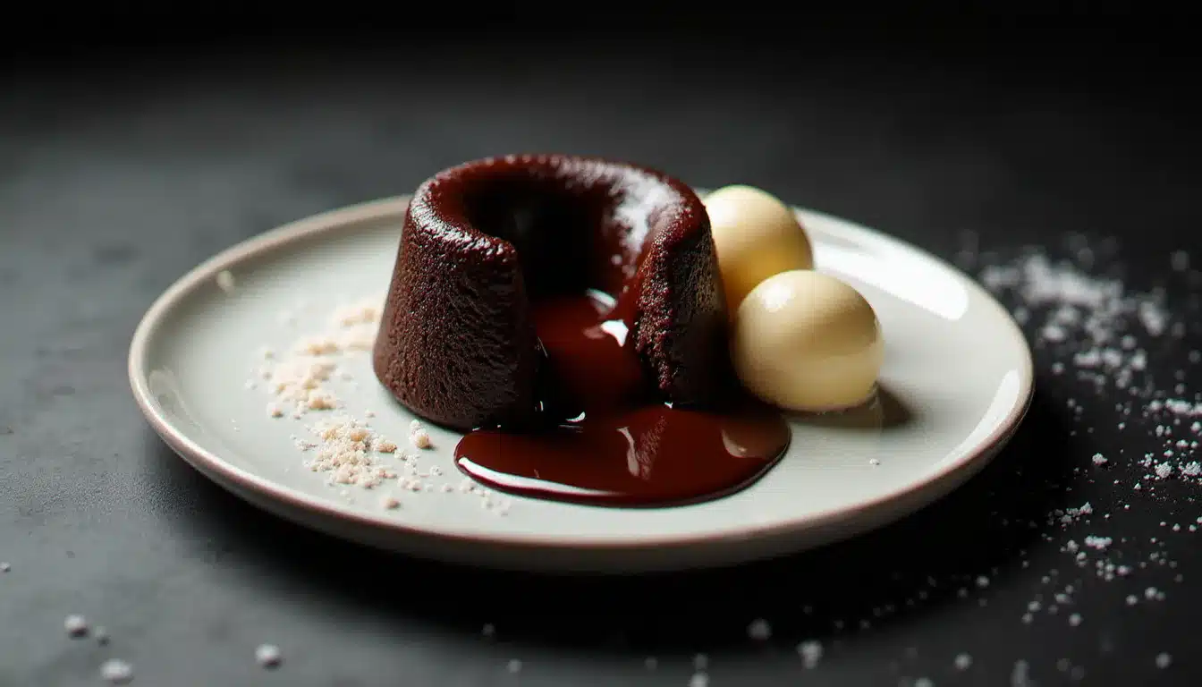 Recette fondant au chocolat cœur coulant démoulé sur assiette blanche avec le chocolat fondu qui s'écoule du centre, accompagné d'une quenelle de glace vanille