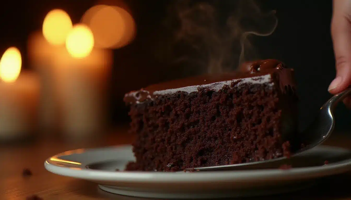 Tranche de gâteau au chocolat fondant découpée et servie, révélant un cœur dense et moelleux nappé de ganache au chocolat noir