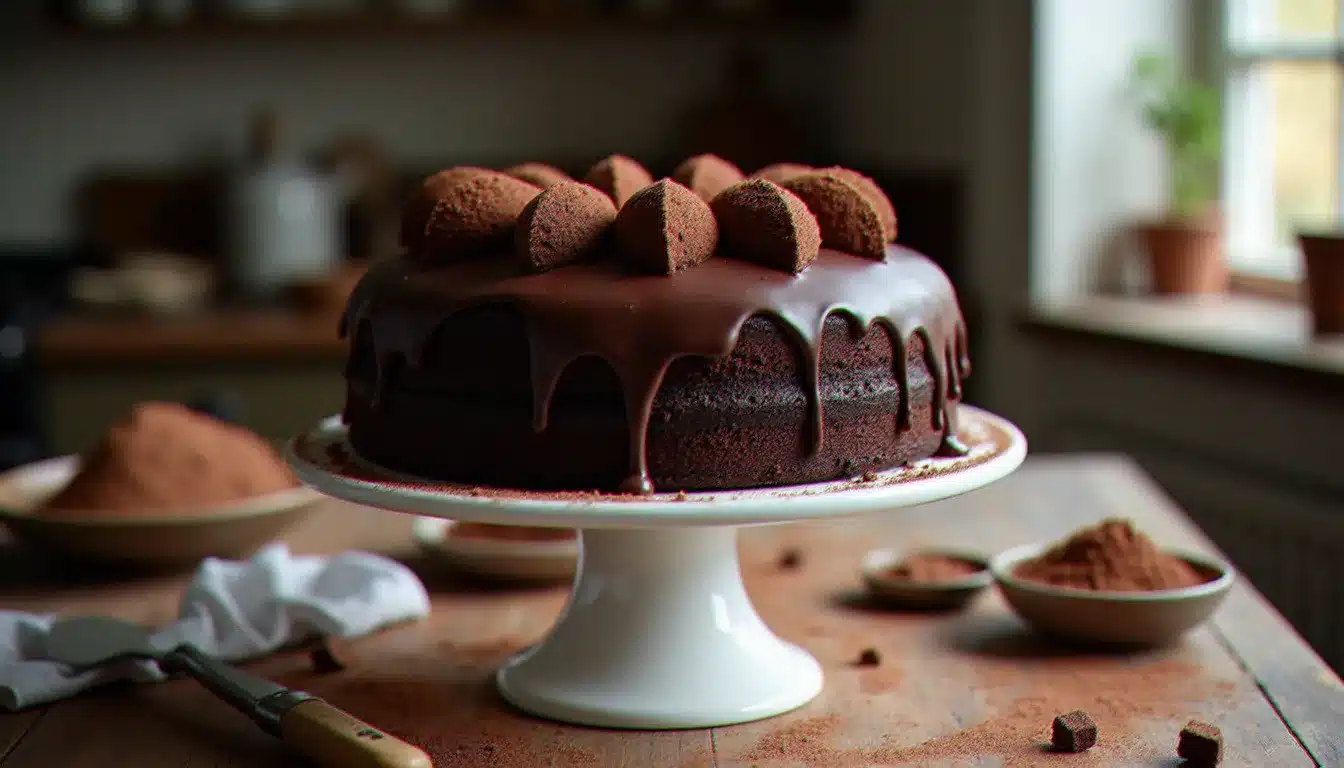 Gâteau au chocolat entier sur un présentoir blanc, nappé d'un glaçage brillant et décoré de copeaux de chocolat noir, illustration de la recette gâteau au chocolat