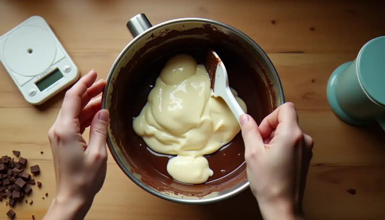 Incorporation des blancs en neige au chocolat fondu dans un bol en inox lors de la préparation d'une mousse au chocolat maison